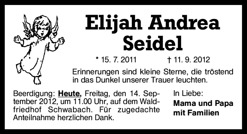  Traueranzeige für Elijah Andrea Seidel vom 14.09.2012 aus Schwabach