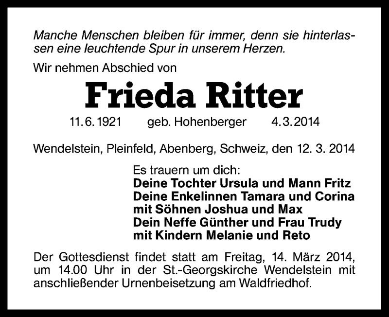  Traueranzeige für Frieda Ritter vom 12.03.2014 aus Schwabach