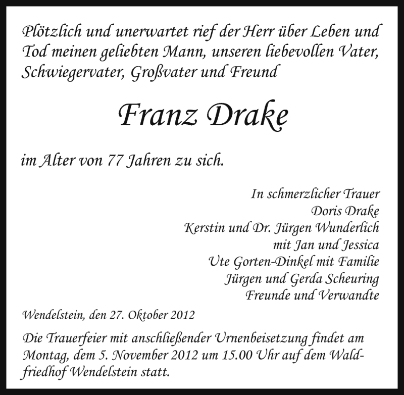  Traueranzeige für Franz Drake vom 01.11.2012 aus Schwabach