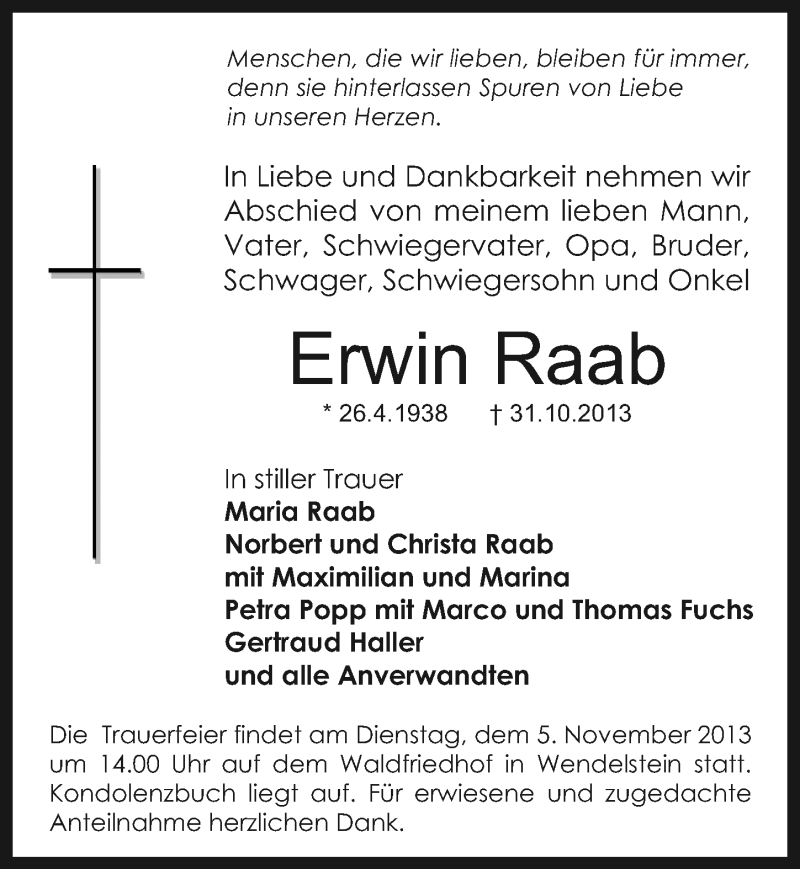  Traueranzeige für Erwin Raab vom 04.11.2013 aus Schwabach
