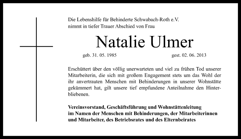  Traueranzeige für Natalie Ulmer vom 06.06.2013 aus Schwabach