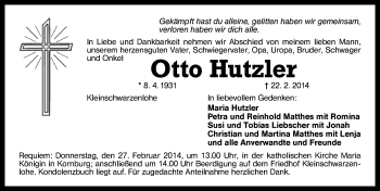 Traueranzeige von Otto Hutzler von Schwabach