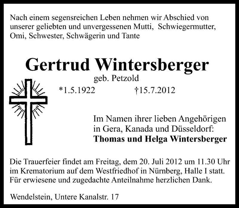  Traueranzeige für Gertrud Wintersberger vom 18.07.2012 aus Schwabach
