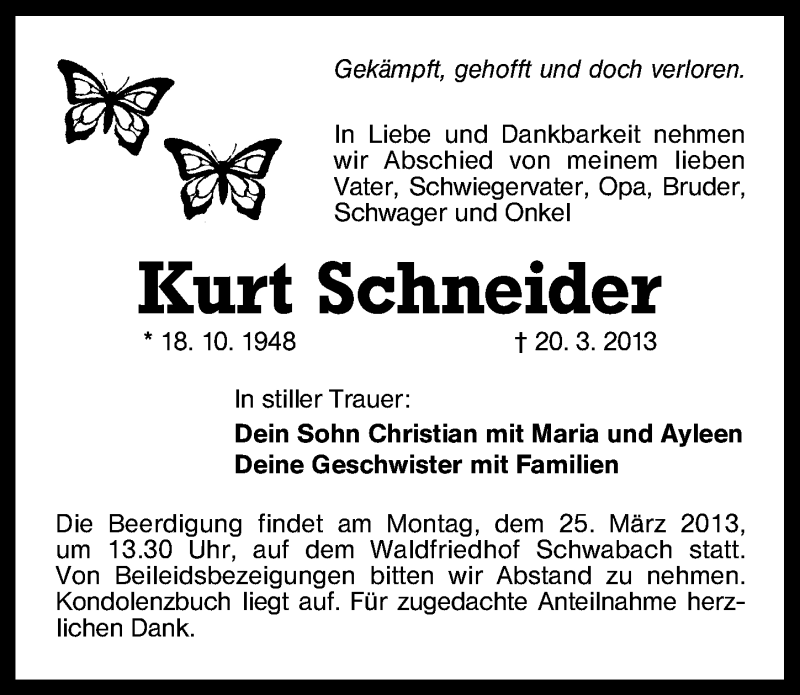  Traueranzeige für Kurt Schneider vom 23.03.2013 aus Schwabach