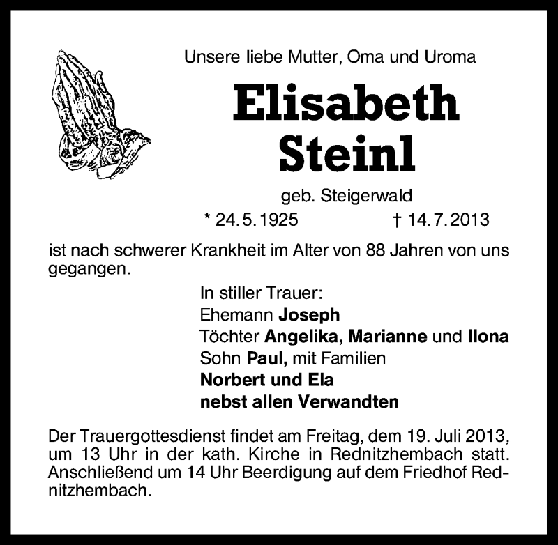  Traueranzeige für Elisabeth Steinl vom 17.07.2013 aus Schwabach