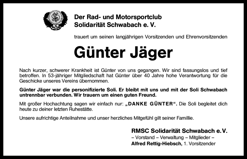  Traueranzeige für Günter Jäger vom 16.10.2012 aus Schwabach