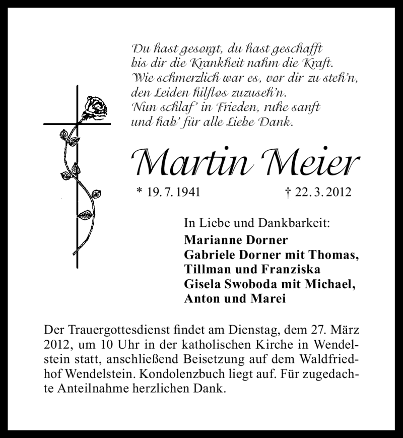  Traueranzeige für Martin Meier vom 26.03.2012 aus Schwabach