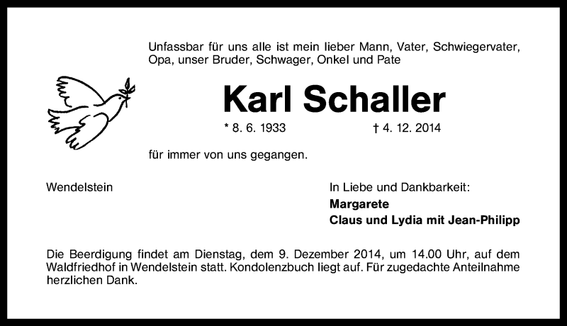  Traueranzeige für Karl Schaller vom 08.12.2014 aus Schwabach