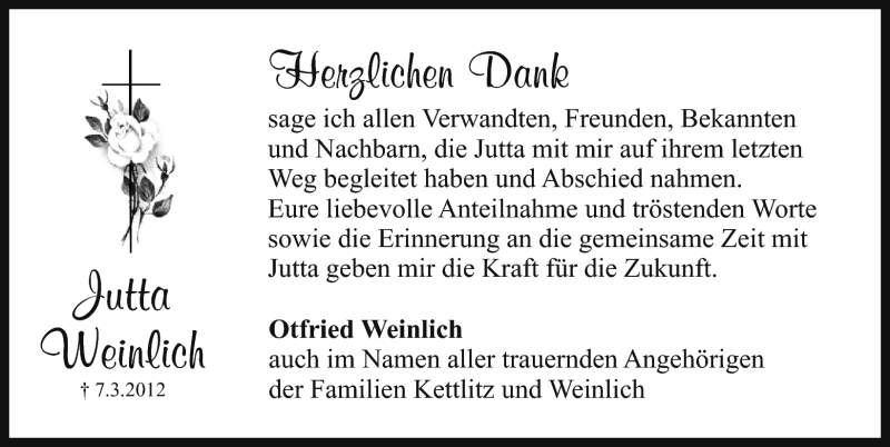  Traueranzeige für Jutta Weinlich vom 17.03.2012 aus Schwabach