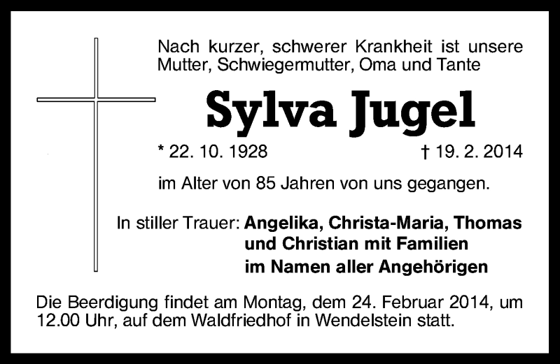  Traueranzeige für Sylva Jugel vom 22.02.2014 aus Schwabach