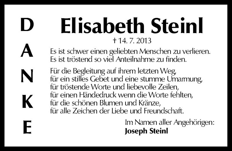  Traueranzeige für Elisabeth Steinl vom 27.07.2013 aus Schwabach