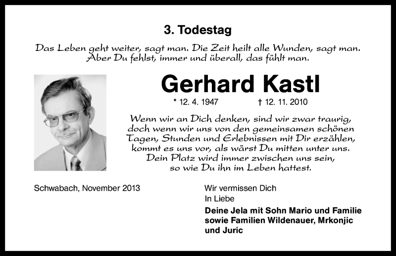  Traueranzeige für Gerhard Kastl vom 12.11.2013 aus Schwabach