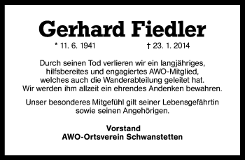 Traueranzeige von Gerhard Fiedler von Schwabach