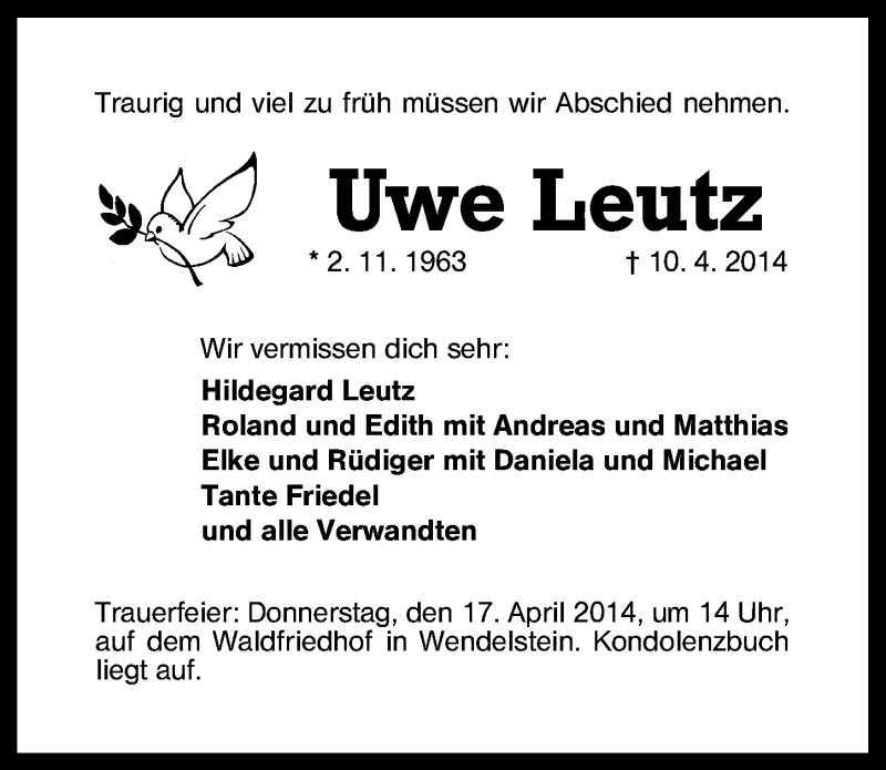  Traueranzeige für Uwe Leutz vom 15.04.2014 aus Schwabach