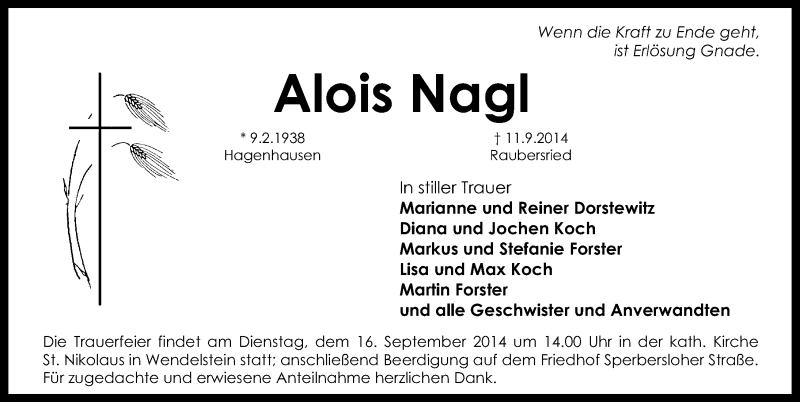  Traueranzeige für Alois Nagl vom 13.09.2014 aus Schwabach