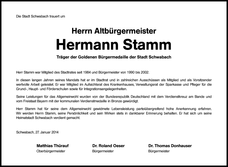  Traueranzeige für Hermann Stamm vom 28.01.2014 aus Schwabach