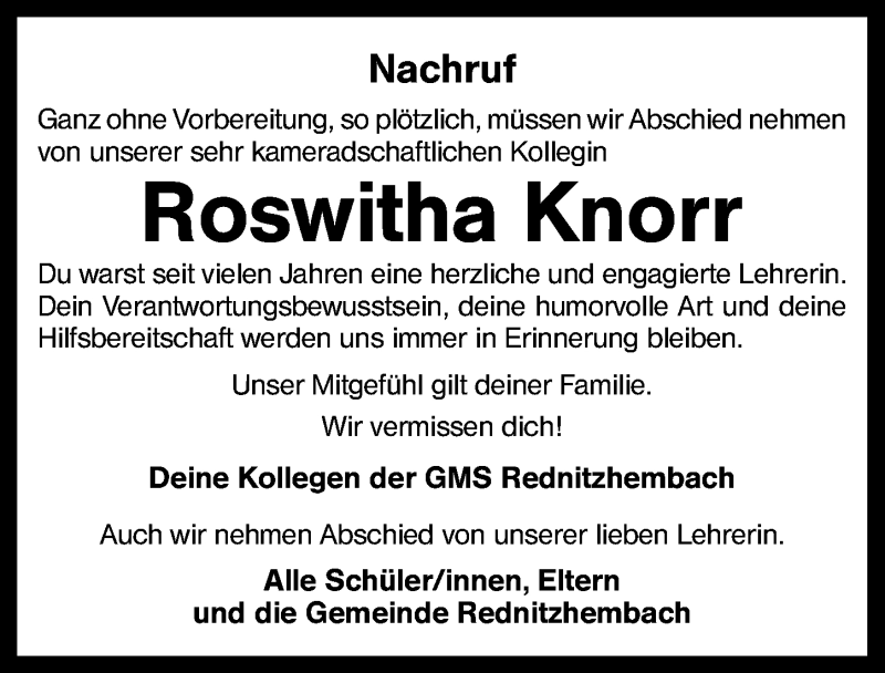  Traueranzeige für Roswitha Knorr vom 04.02.2014 aus Schwabach