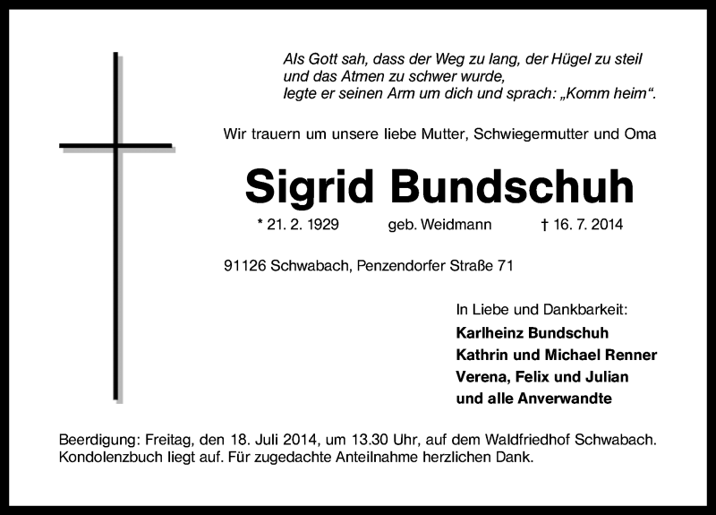  Traueranzeige für Sigrid Bundschuh vom 17.07.2014 aus Schwabach