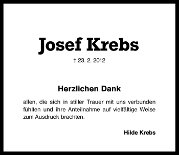 Traueranzeige von Josef Krebs von Schwabach