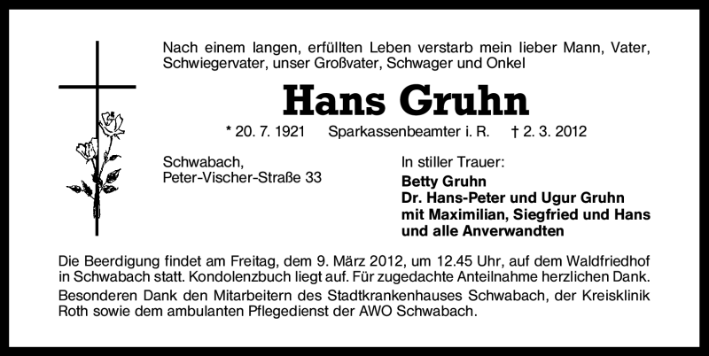  Traueranzeige für Hans Gruhn vom 06.03.2012 aus Schwabach