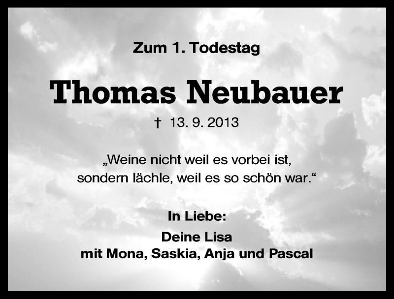 Traueranzeige für Thomas Neubauer vom 13.09.2014 aus Schwabach