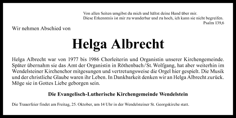  Traueranzeige für Helga Albrecht vom 24.10.2013 aus Schwabach