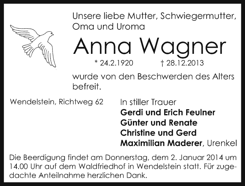  Traueranzeige für Anna Wagner vom 31.12.2013 aus Schwabach