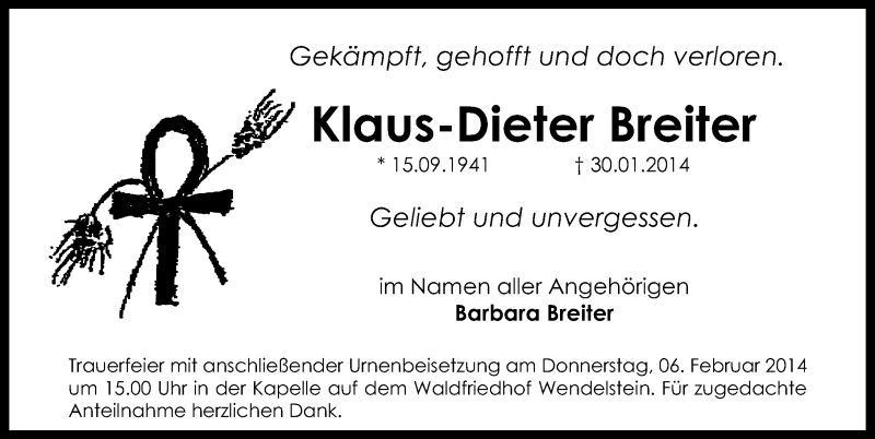  Traueranzeige für Klaus-Dieter Breiter vom 04.02.2014 aus Schwabach