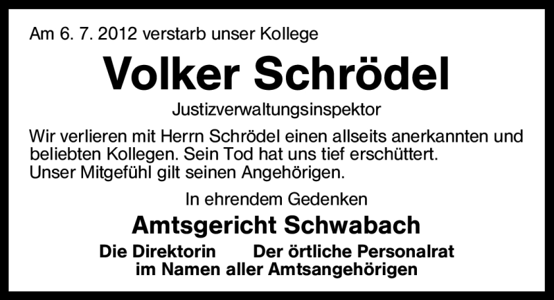  Traueranzeige für Volker Schrödel vom 11.07.2012 aus Schwabach