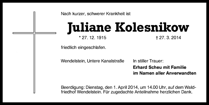  Traueranzeige für Juliane Kolesnikow vom 29.03.2014 aus Schwabach