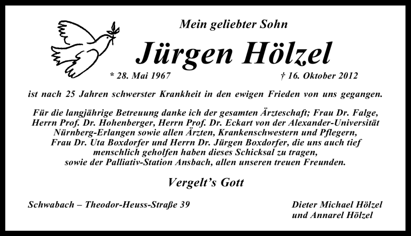  Traueranzeige für Jürgen Hölzel vom 20.10.2012 aus Schwabach