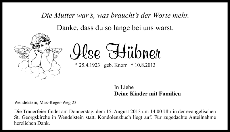  Traueranzeige für Ilse Hübner vom 13.08.2013 aus Schwabach