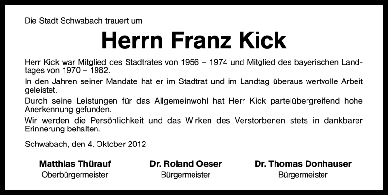  Traueranzeige für Franz Kick vom 08.10.2012 aus Schwabach
