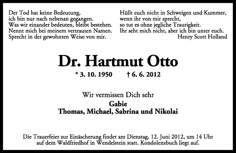  Traueranzeige für Hartmut Otto vom 09.06.2012 aus Schwabach