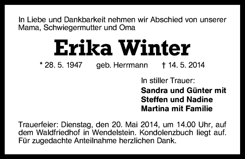  Traueranzeige für Erika Winter vom 17.05.2014 aus Schwabach