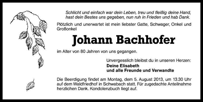  Traueranzeige für Johann Bachhofer vom 03.08.2013 aus Schwabach