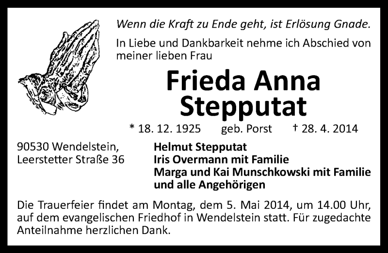 Traueranzeige für Frieda Anna Stepputat vom 01.05.2014 aus Schwabach