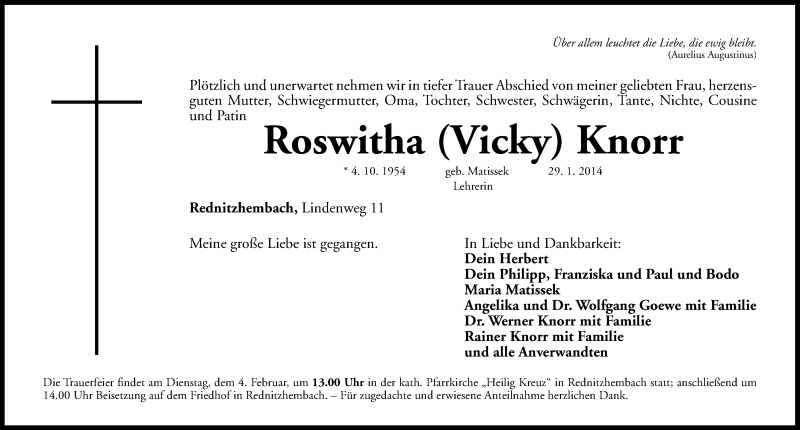  Traueranzeige für Roswitha Knorr vom 03.02.2014 aus Schwabach