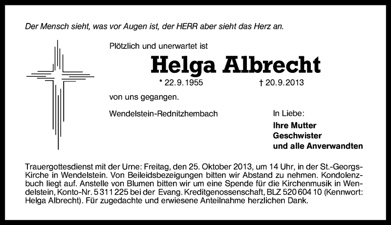  Traueranzeige für Helga Albrecht vom 05.10.2013 aus Schwabach