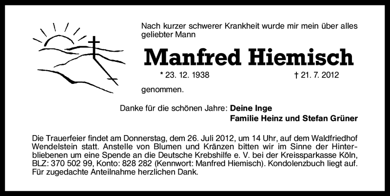  Traueranzeige für Manfred Hiemisch vom 24.07.2012 aus Schwabach