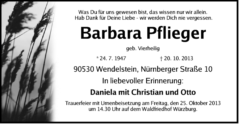  Traueranzeige für Barbara Pflieger vom 23.10.2013 aus Schwabach