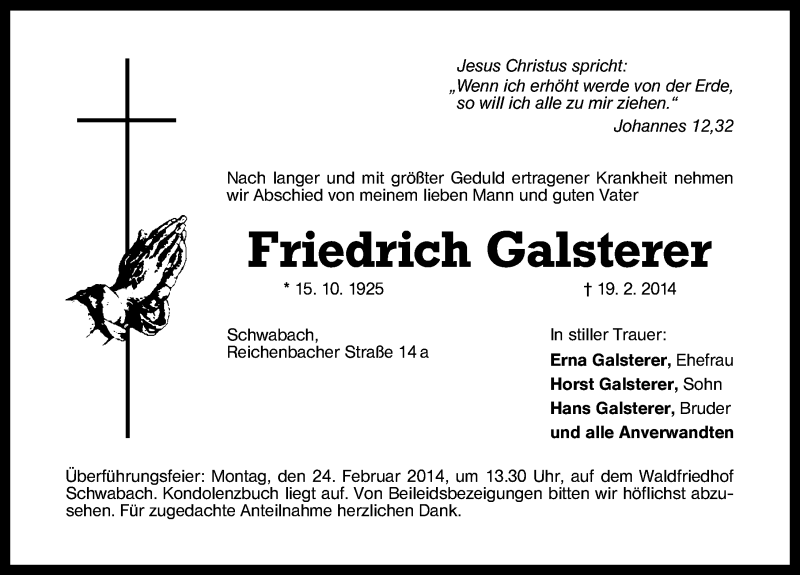  Traueranzeige für Friedrich Galsterer vom 21.02.2014 aus Schwabach