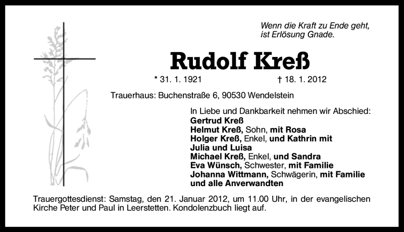  Traueranzeige für Rudolf Kreß vom 20.01.2012 aus Schwabach