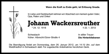 Traueranzeige von Johann Wackersreuther von Schwabach