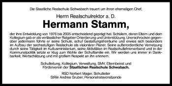 Traueranzeige von Hermann Stamm von Schwabach