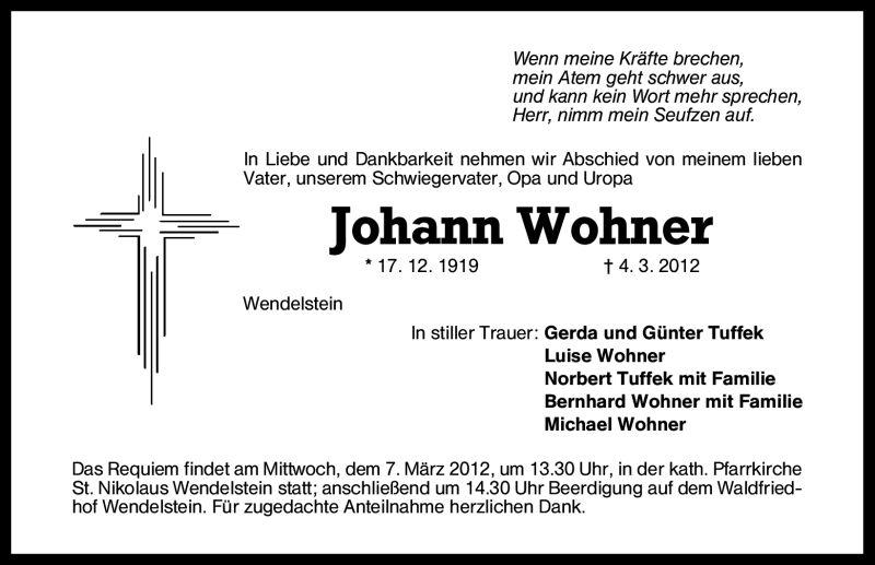  Traueranzeige für Johann Wohner vom 05.03.2012 aus Schwabach