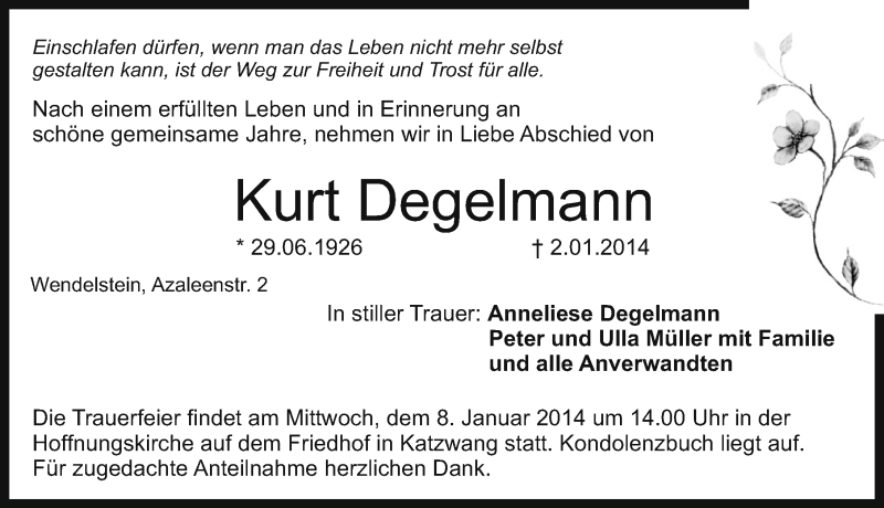  Traueranzeige für Kurt Degelmann vom 04.01.2014 aus Schwabach