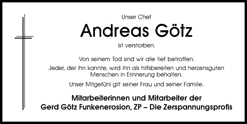  Traueranzeige für Andreas Götz vom 11.12.2013 aus Schwabach