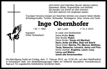 Traueranzeige von Inge Obernhofer von Schwabach