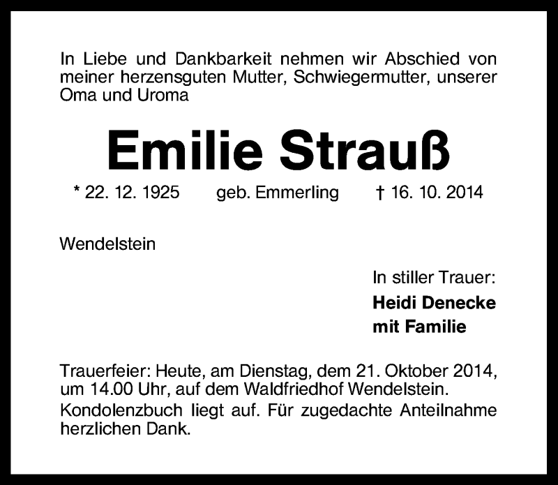  Traueranzeige für Emilie Strauß vom 21.10.2014 aus Schwabach